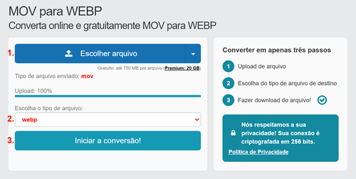 Como converter MOV arquivos online para WEBP