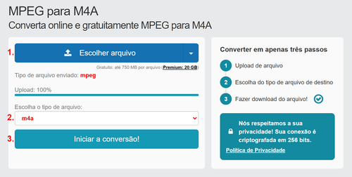 Como converter MPEG arquivos online para M4A